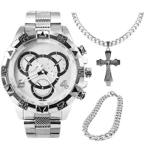 Relogio Masculino Aço Prova Dagua + Pulseira + Crucifixo Social Qualidade Premium Grande