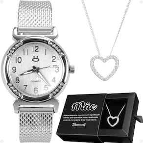 Relogio Feminino Aço Inoxidável + Caixa + Colar Coração Mãe Casual Pulseira Ajustavel Social Moda