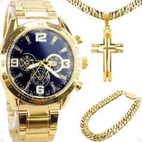 Relogio Masculino Dourado Banhado Ouro + Pulseira + Crucifixo Pesado Azul Robusto Grande