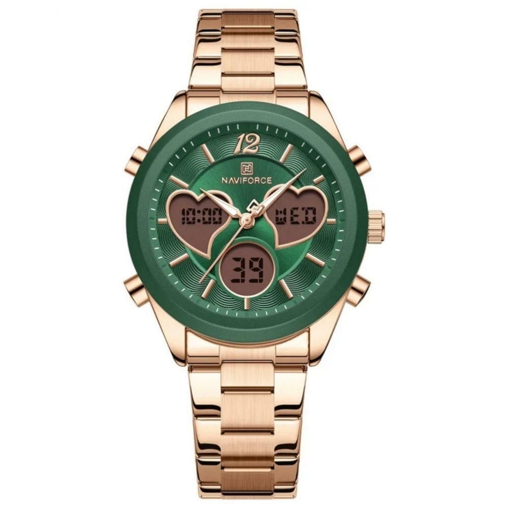 Relógio Feminino Design Coração Quartzo Analógico Lcd Digital Impermeavel Casual Verde Dourado