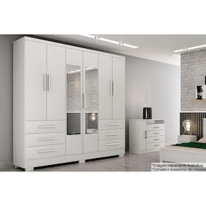 Guarda Roupa Solteiro 6 Portas (2 c/ Espelho) e 6 Gavetas c/ Pés Encanto/Berlim Branco - Novo Horizonte