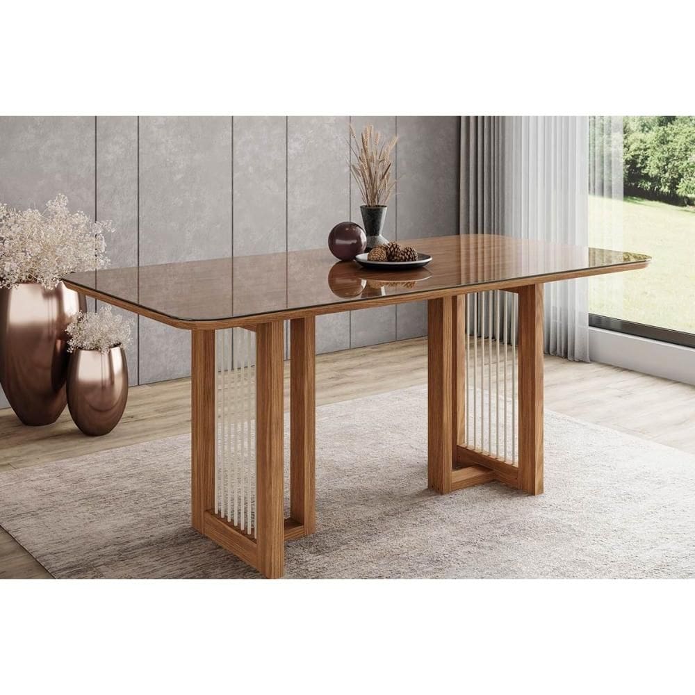 Mesa p/ Cozinha Yara SC79 c/ Tampo Madeirado c/ Vidro Curvo 160x90cm Nature - Henn