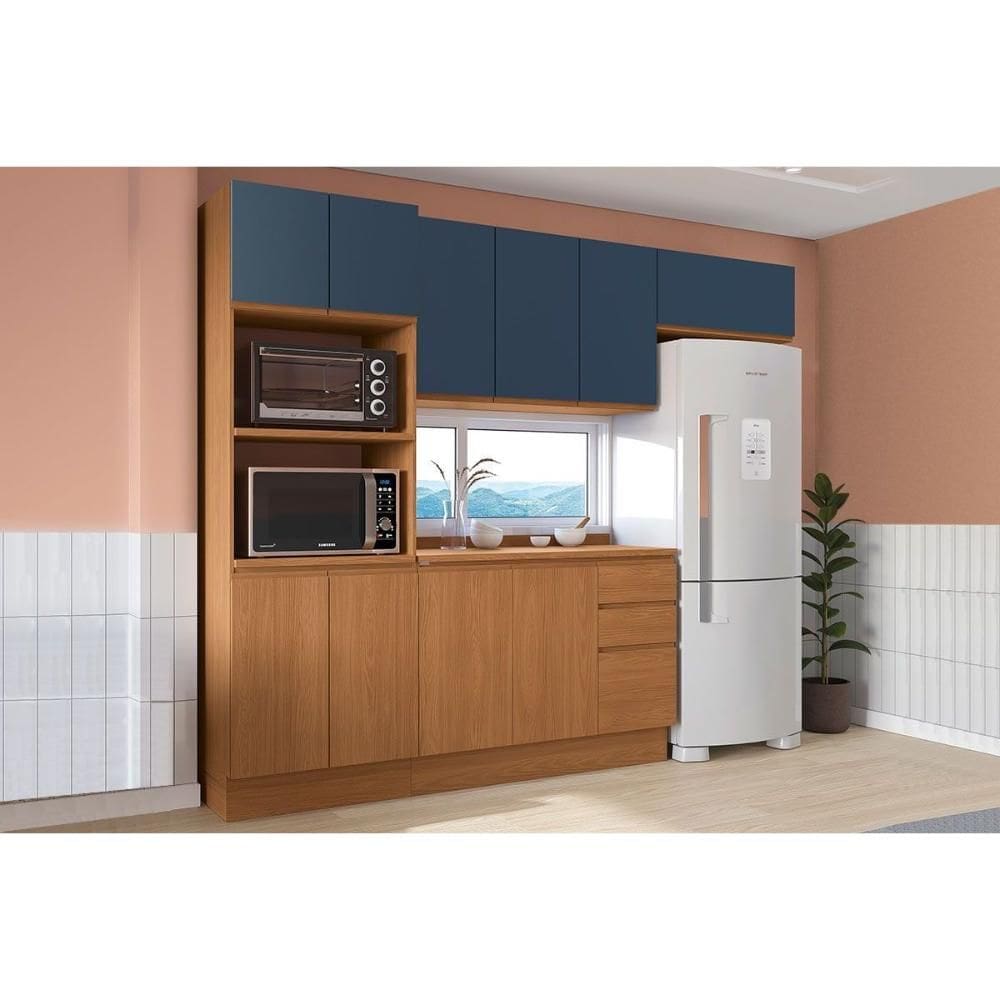 Kit Cozinha Modulada 5 Peças Ciela (2Aéreos+1Balcão+1TorreQuente+1Complemento) C5P116 Canela/Azul Profundo - Kappesberg