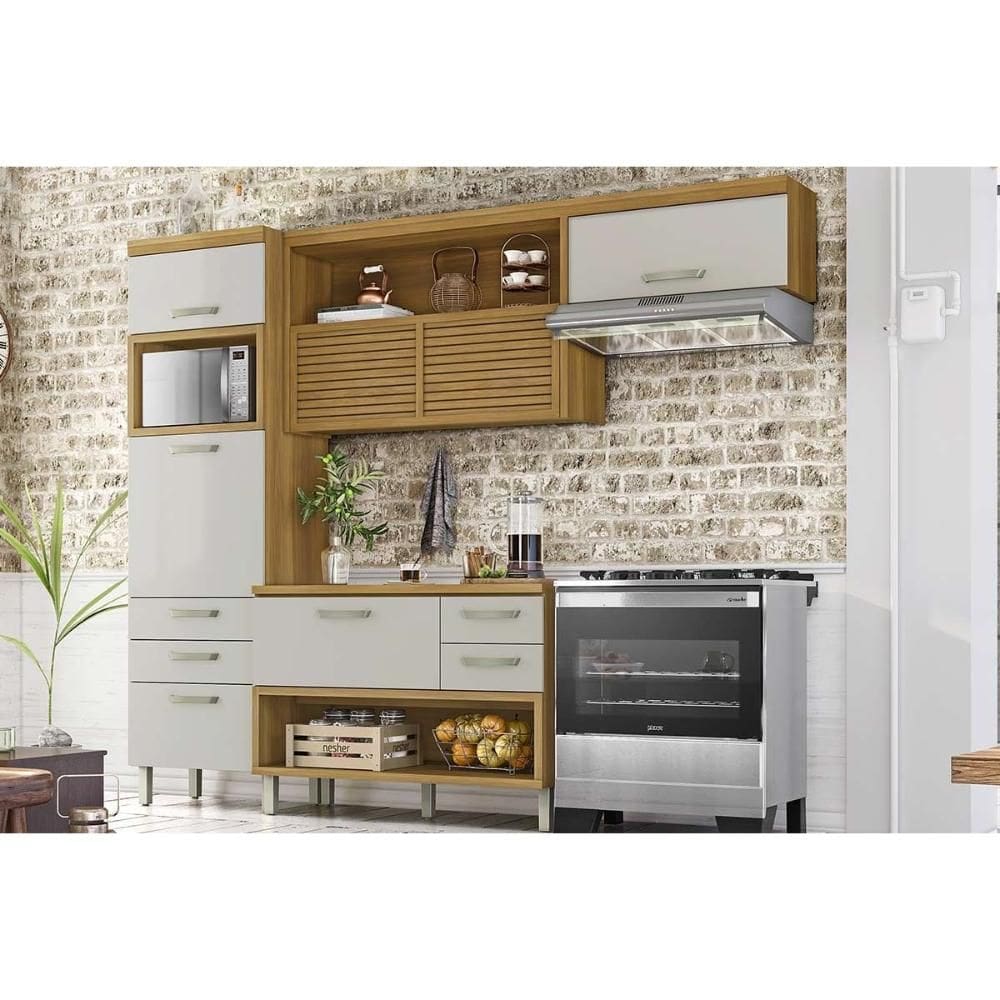 Módulo Cozinha Nesher Princesa 3 Peças (1Aéreo+1Balcão+1Paneleiro) C6P60 Freijo/Off White-Nesher