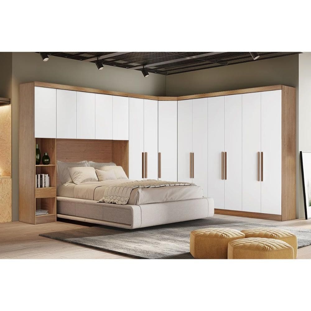 Quarto Modulado Rizon 5 Peças (1 Armário Ponte + 1 Closet + 2 Guarda Roupas + 1 Complemento) QC204 Freijo Cumaru c/ Fendi - Novo Horizonte