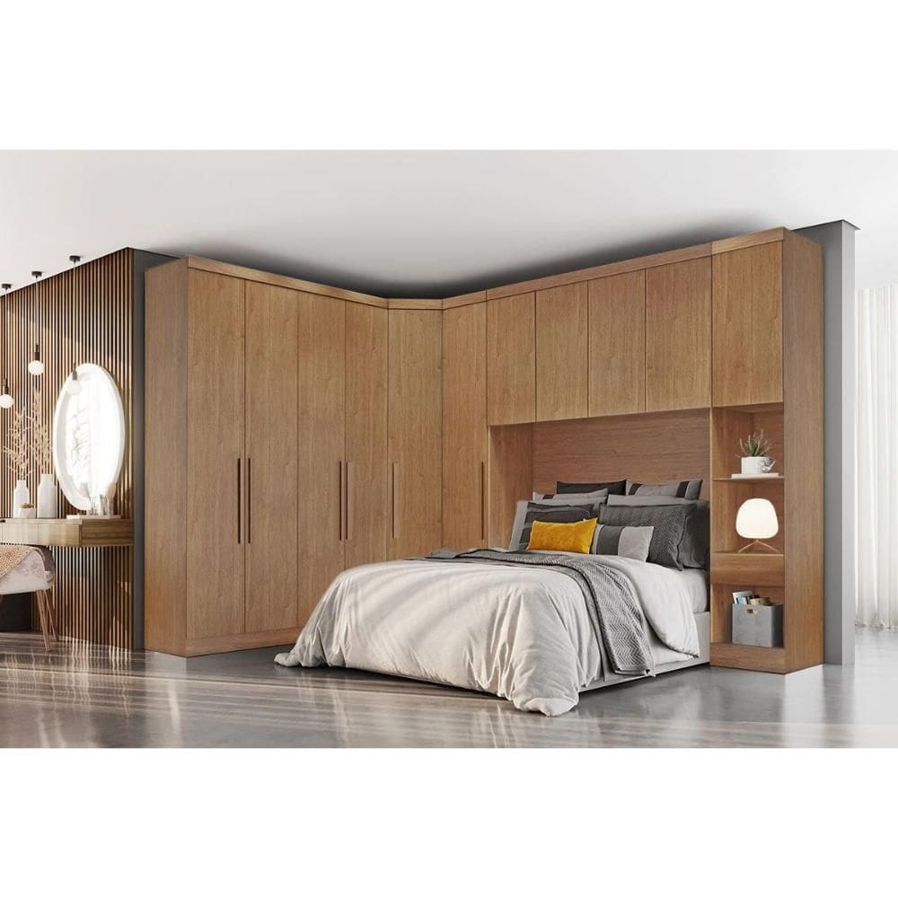 Quarto Modulado Rizon 5 Peças (1 Armário Ponte + 1 Closet + 2 Guarda Roupas + 1 Complemento) QC202 Freijo Cumaru - Novo Horizonte