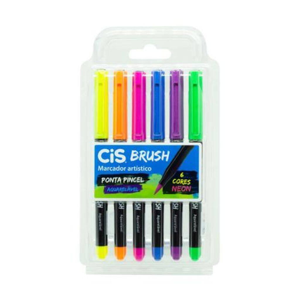 Caneta Pincel Brush Pen - 6 Cores Neon Aquareláveis (Marcador Artístico)
