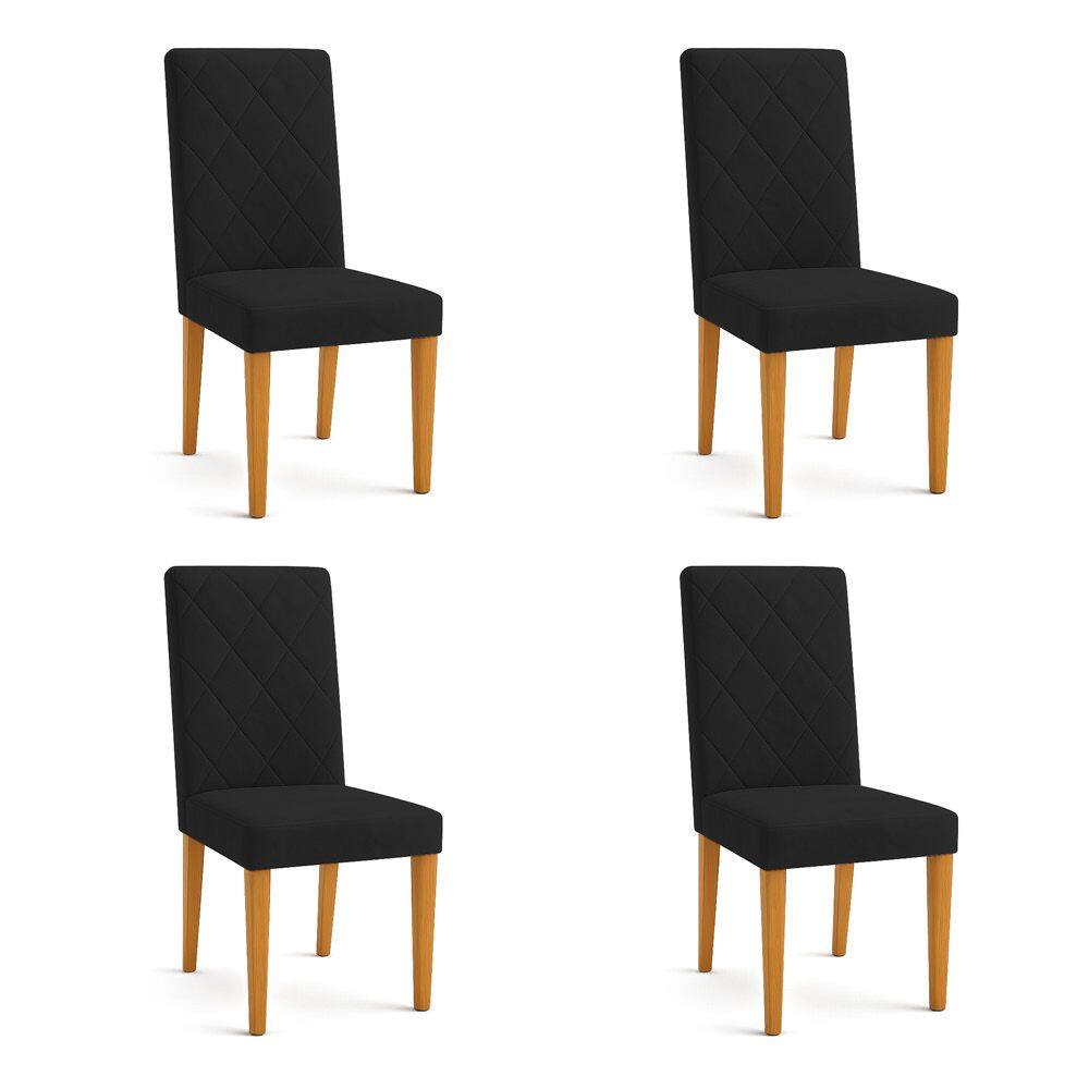 Kit 04 Cadeiras de Jantar Estofada Siena Veludo Preto Pés Trapézio Castanho - Pallazio