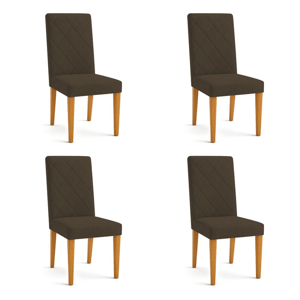 Kit 04 Cadeiras de Jantar Estofada Siena Veludo Marrom Pés Trapézio Castanho - Pallazio