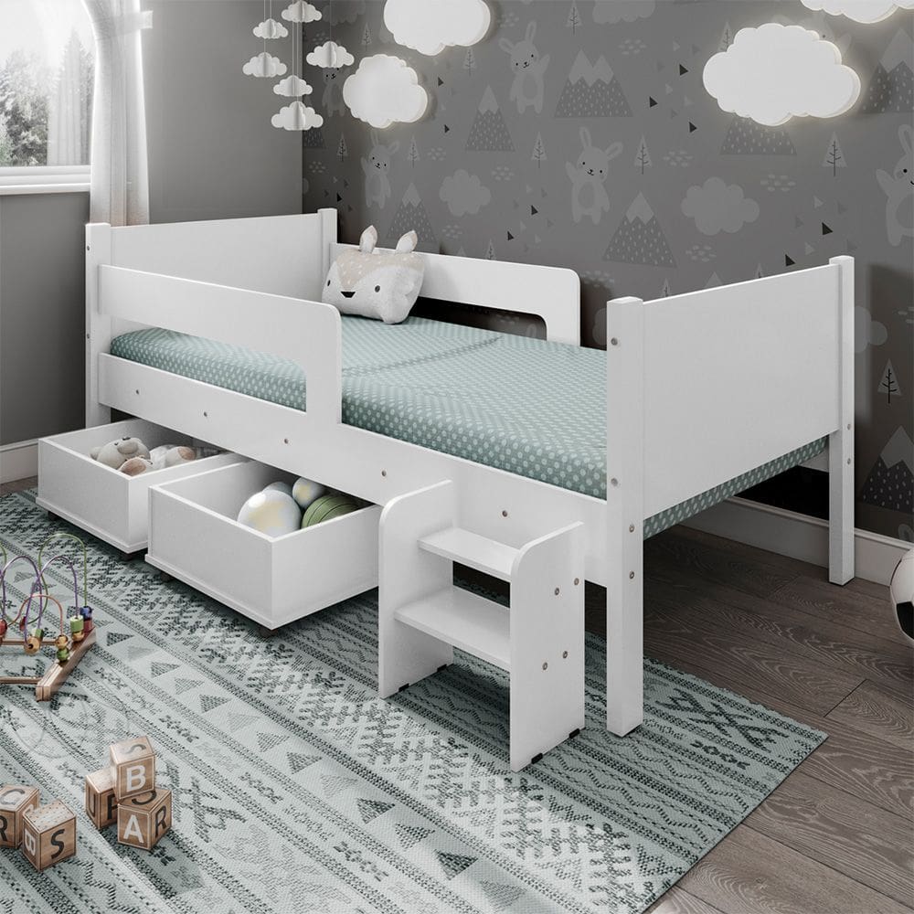 Cama Infantil com 2 Baus Organizador e Escada Luna Plus Branco