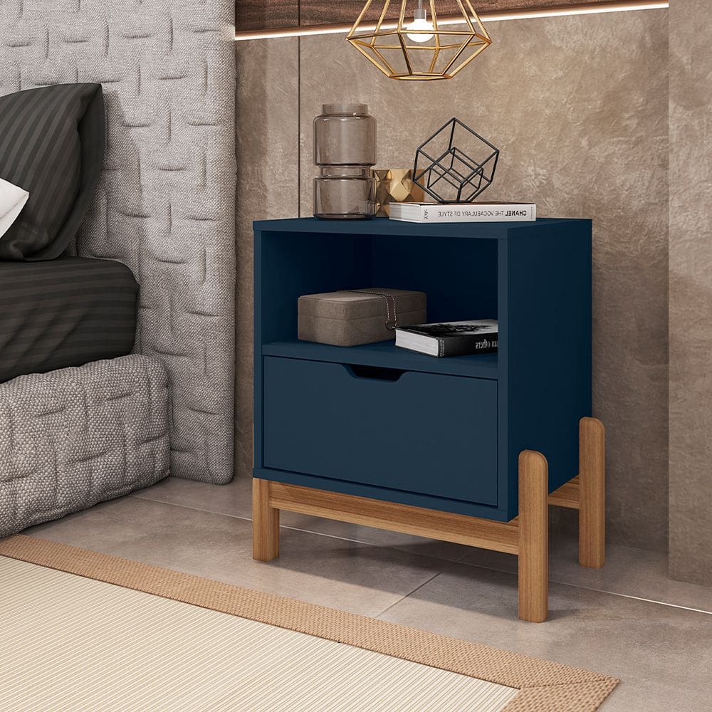 Mesa de Cabeceira Antares Essenziale com 1 Gaveta 52cm Azul Cobalto