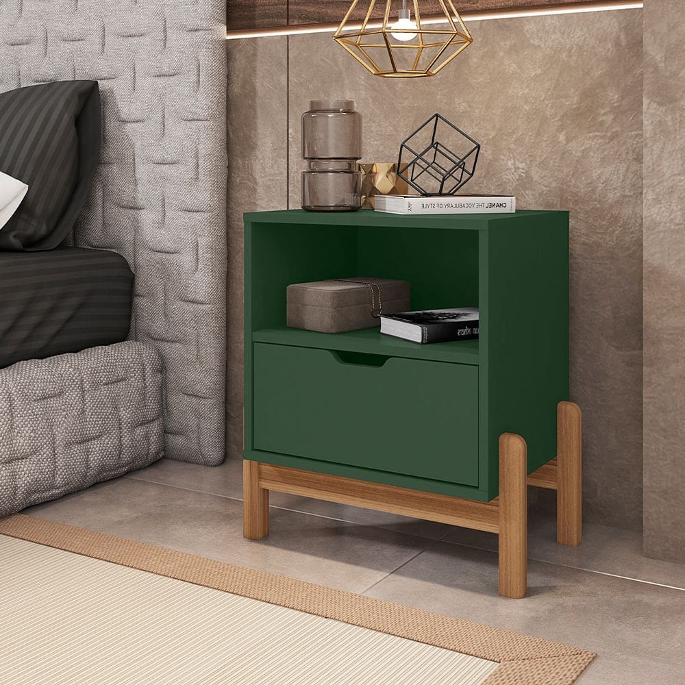 Mesa de Cabeceira Antares Essenziale com 1 Gaveta 52cm Verde Oliva