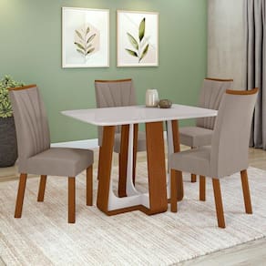 Conjunto Sala De Jantar Mesa Easy Pop 120x80cm Tampo Vidro/MDF Com 4 Cadeiras Confort Suede Bege Frassino/Off White