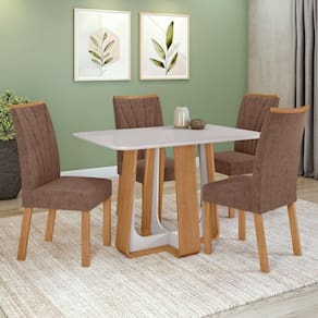 Conjunto Sala De Jantar Mesa Easy Pop 120x80cm Tampo Vidro/MDF 4 Cadeiras Confort Couro Morano Avelã Amendoa/Off White