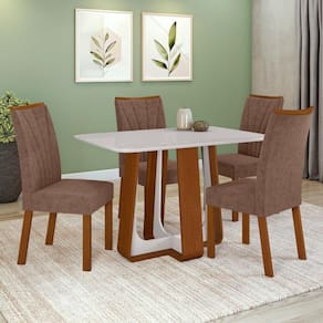 Conjunto Sala De Jantar Mesa Easy Pop 120x80cm Tampo Vidro/MDF Com 4 Cadeiras Confort Couro Morano Frassino/Off White