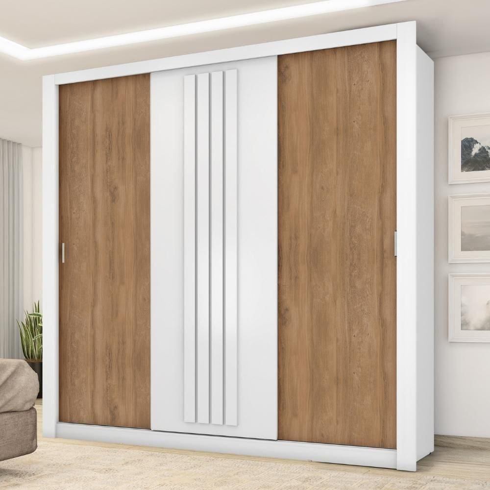 Guarda Roupa Casal 3 Portas Doha Carraro Ripado Branco Com Freijó