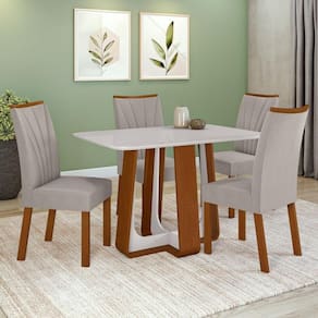 Conjunto Sala De Jantar Mesa Easy Pop 120x80cm Tampo Vidro/MDF 4 Cadeiras Confort Veludo Capuccino Frassino/Off White