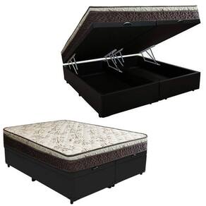 Cama Box Baú Queen Suede Bipartido + Colchão Elegance Ortopédico Espuma D33 Extra Firme 158x198x63 Preto