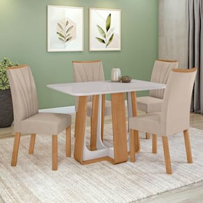 Conjunto Sala De Jantar Mesa Easy Pop 120x80cm Tampo Vidro/MDF Com 4 Cadeiras Confort Veludo Amendoa/Off White