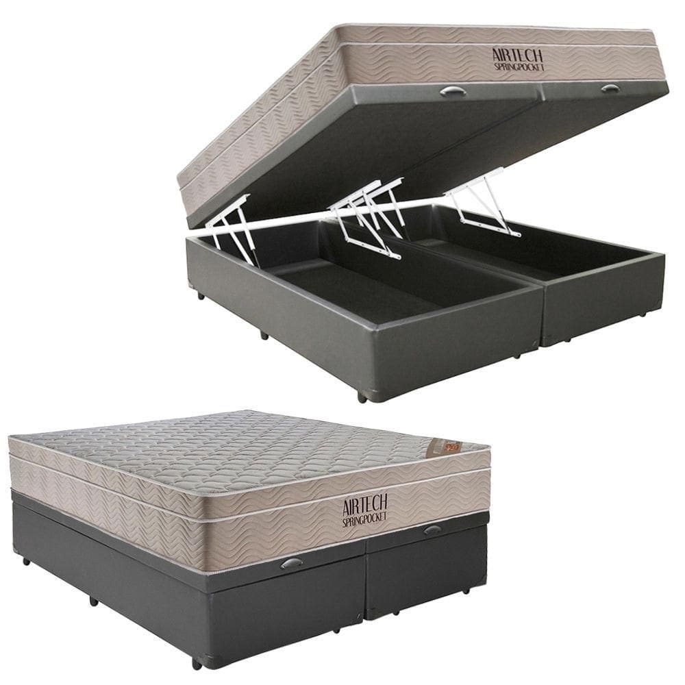 Cama Box Baú Casal Sintético Bipartido + Colchão Ortobom Airtech Molas Ensacadas 138x188x65 Cinza