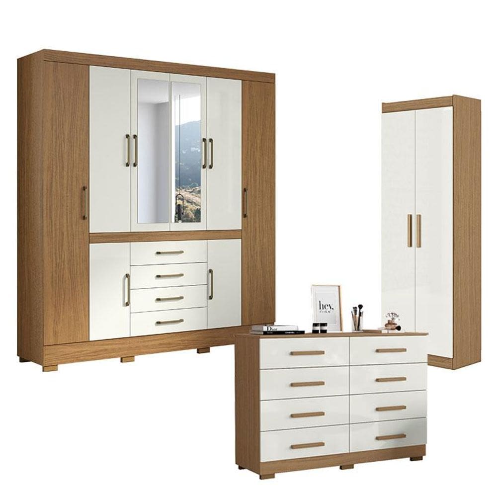 Guarda Roupa Casal Nápole 2045149 e Armário Multiuso 2000191 e Cômoda 2014148 Atacama Off White - Aramóveis