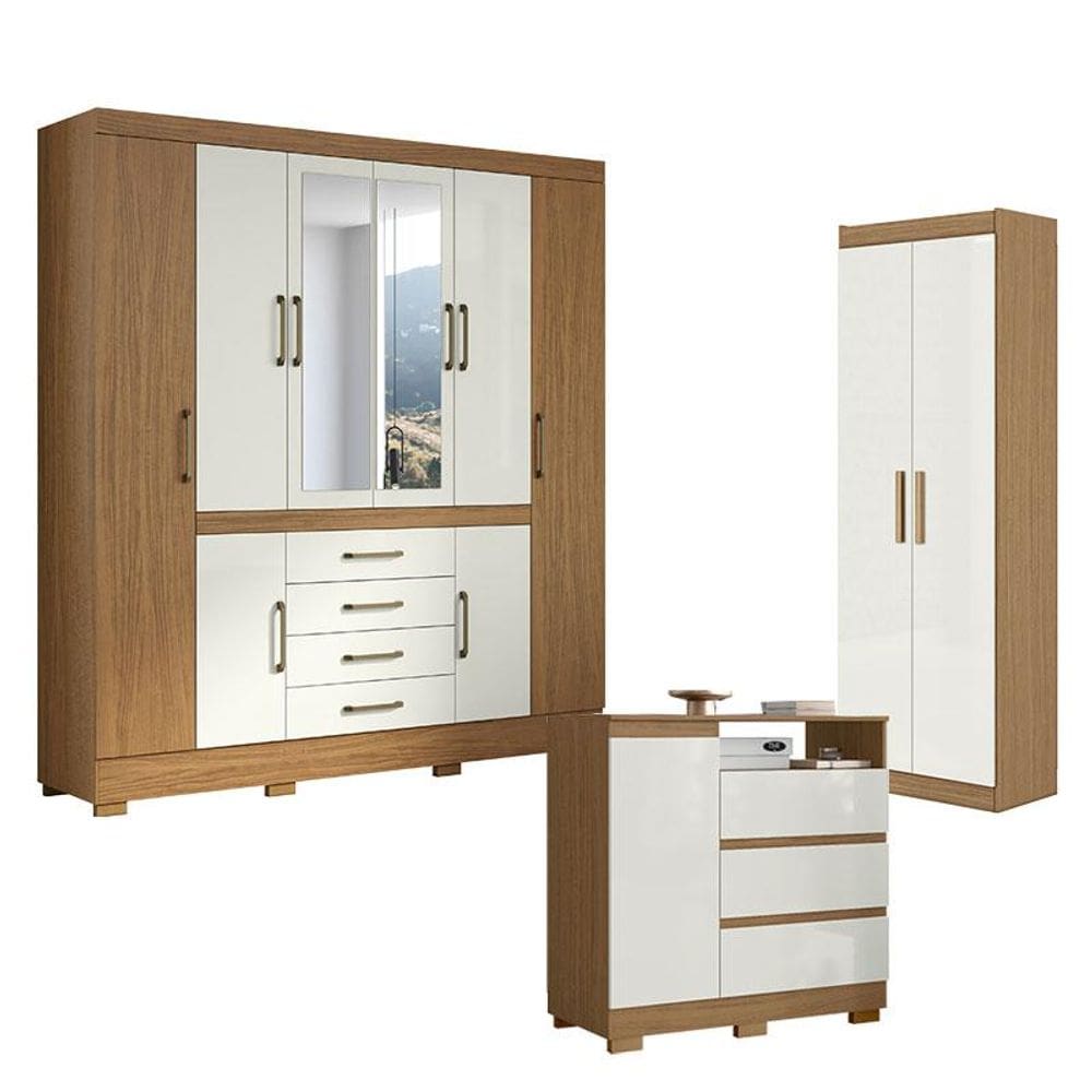 Guarda Roupa Casal Nápole 2045149 e Armário Multiuso 2000191 e Cômoda 2014143 Atacama Off White - Aramóveis