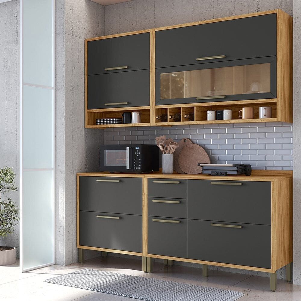 Cozinha Compacta 4 Peças Vicenza Espresso Móveis Amêndoa/Cinza