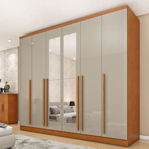 Guarda-Roupa Casal 6 Portas 8 Gavetas Puxador MDF 270cmcom Espelho Portugal Espresso Móveis Cinamomo/Off White