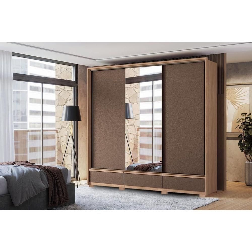 Guarda Roupa Casal 3 Portas de Correr (1 c/ Espelho) e 5 Gavetas c/ Pés Milan Wood/Terracota - Santos Andirá