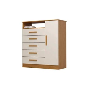Cômoda de Quarto Madri c/ 1 Porta 1 Nicho e 5 Gavetas Cinamomo/Off White - ACP