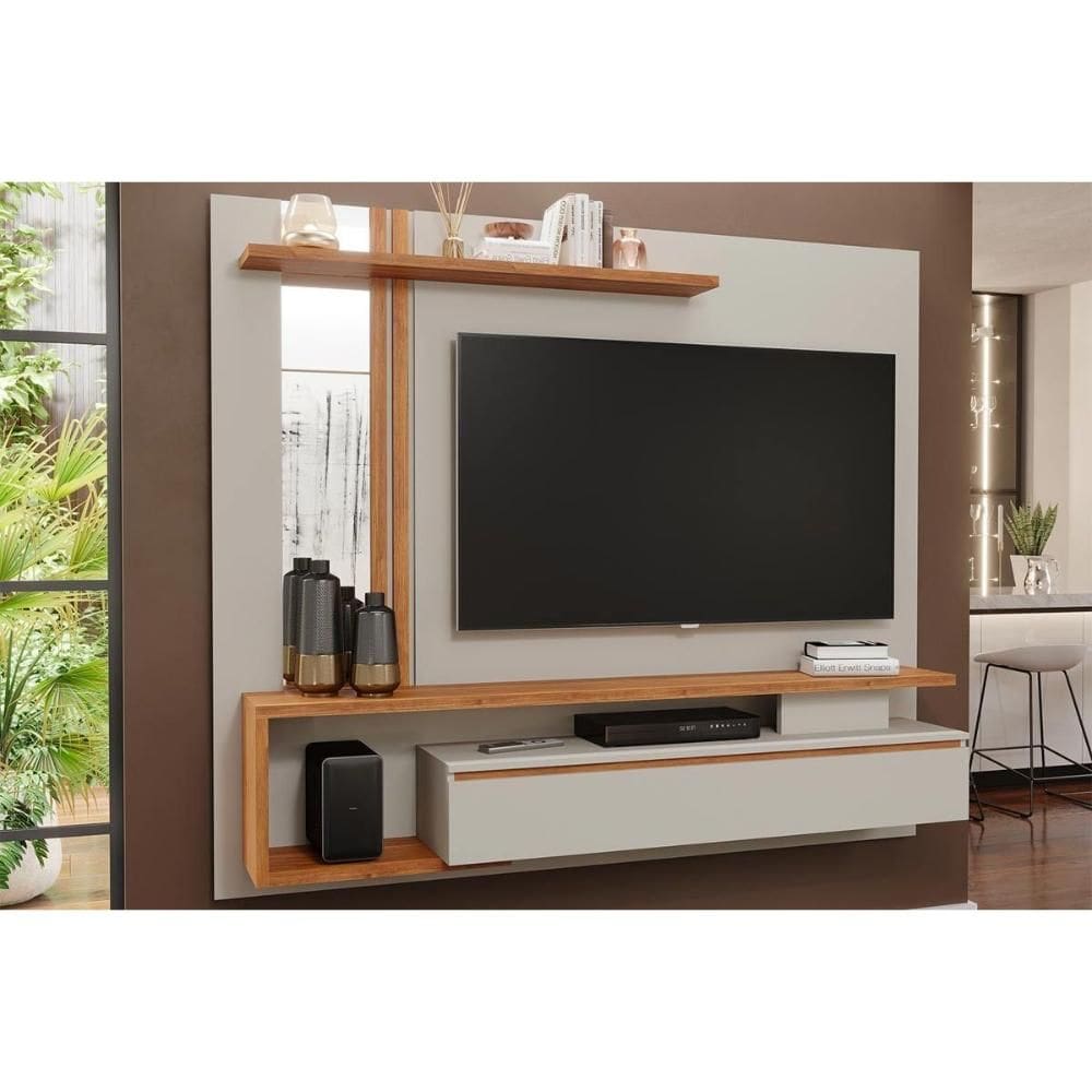 Painel Home p/ TV até 60 Pol Treviso c/ 1 Porta e Nicho 180x153cm Off White/Cinamomo - Permóbili