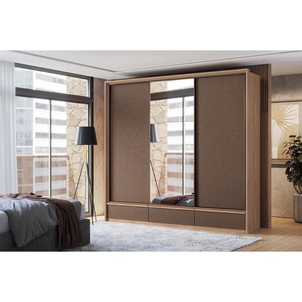 Guarda Roupa Casal 3 Portas de Correr (1 c/ Espelho) e 5 Gavetas Milan Wood/Terracota - Santos Andirá