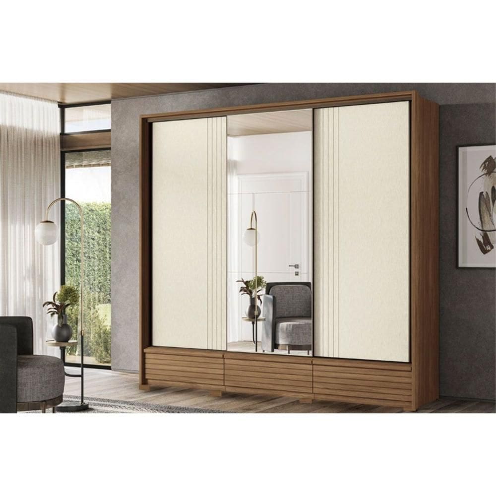 Guarda Roupa Casal 3 Portas de Correr e 5 Gavetas c/ Pés Democrata Jatoba ou Jatoba Areia - Flex - Santos Andirá