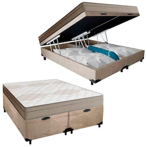 Cama Box Baú Casal Bipartido Suede + Colchão De Molas Ensacadas Portobel Ipanema - 138x188x66cm Bege