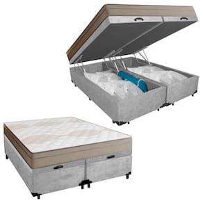 Cama Box Baú Casal Bipartido Suede + Colchão De Molas Ensacadas Portobel Ipanema - 138x188x66cm Cinza
