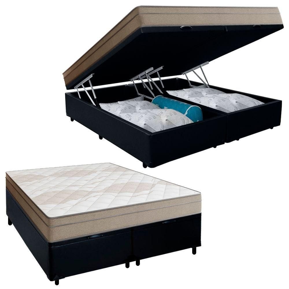 Cama Box Baú Casal Bipartido Sintético + Colchão De Molas Ensacadas Portobel Ipanema - 138x188x66cm Preto