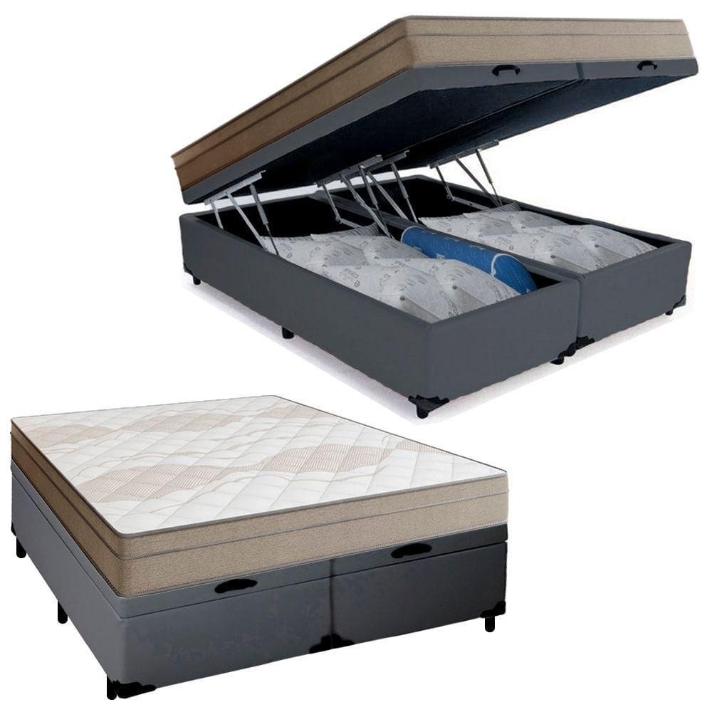 Cama Box Baú Casal Bipartido Sintético + Colchão De Molas Ensacadas Portobel Ipanema - 138x188x66cm Cinza