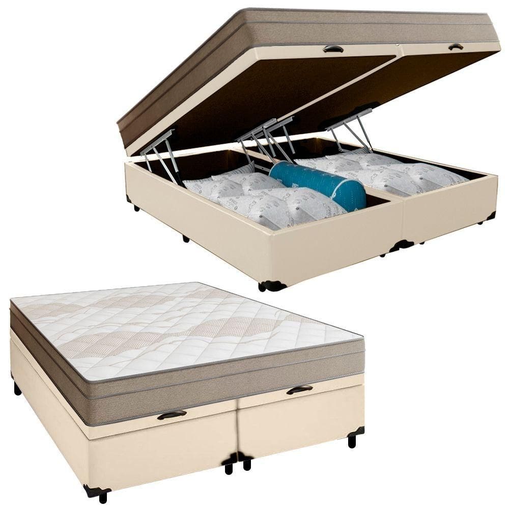 Cama Box Baú Casal Bipartido Sintético + Colchão De Molas Ensacadas Portobel Ipanema - 138x188x66cm Bege