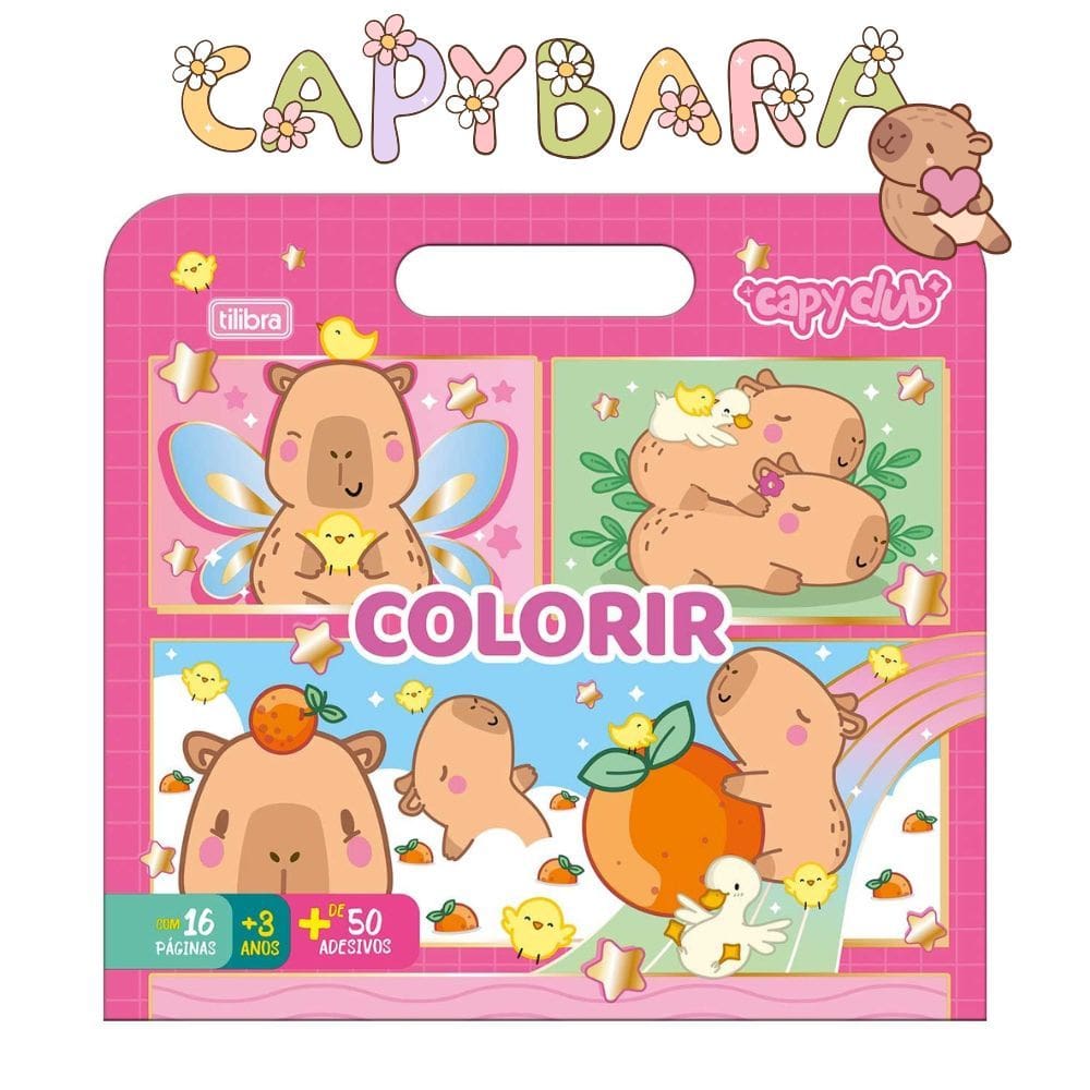 Álbum para Colorir CapyClub Maleta Capivara 16 Páginas + 50 Adesivos - Tilibra | Fofo | Capybara | Kawaii | Papelaria |
