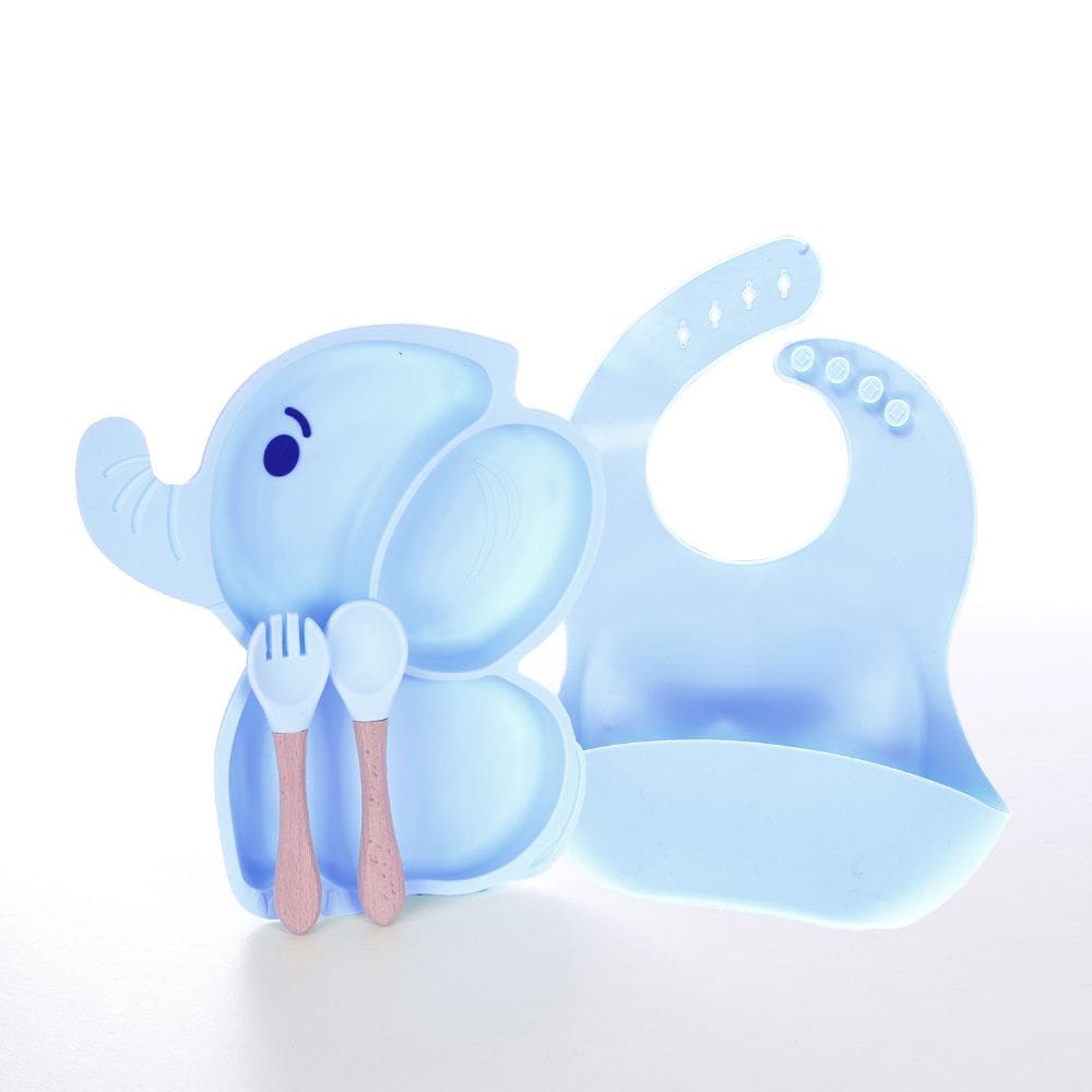 Kit Refeição Infantil C/ Pratinho + Talheres + Babador Silicone Azul