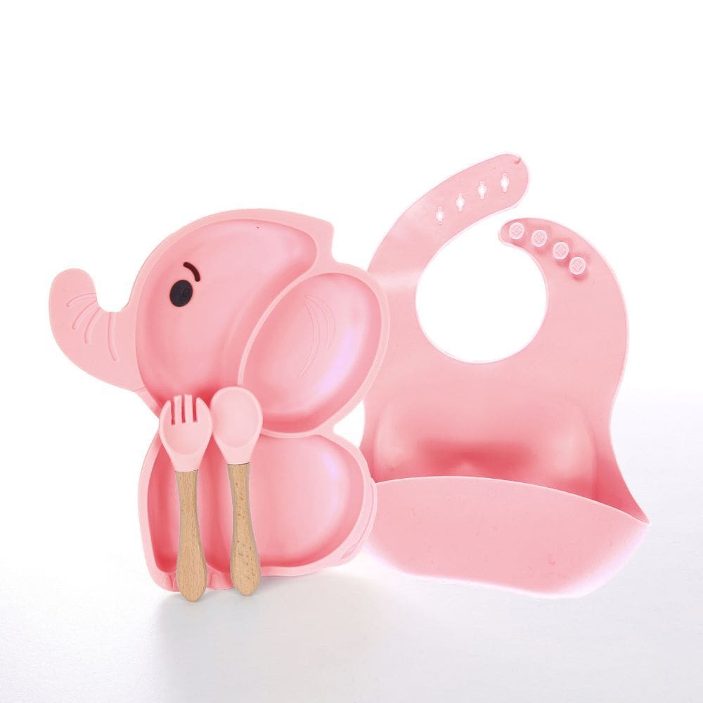 Kit Refeição Infantil C/ Pratinho + Talheres + Babador Silicone Rosa