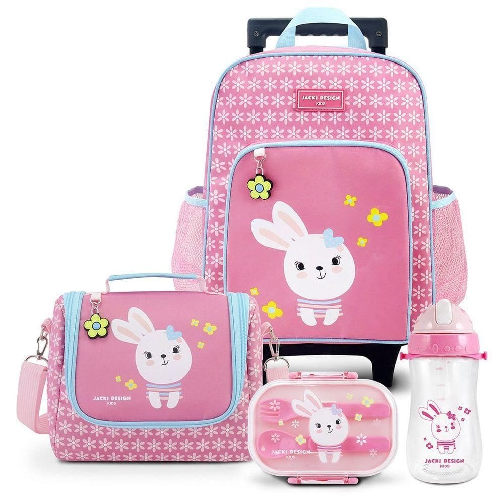 Kit Mochila Com Rodinhas Lancheira Térmica, Pote P- Lanche E Garrafa Infanti Pimpolho Rosa