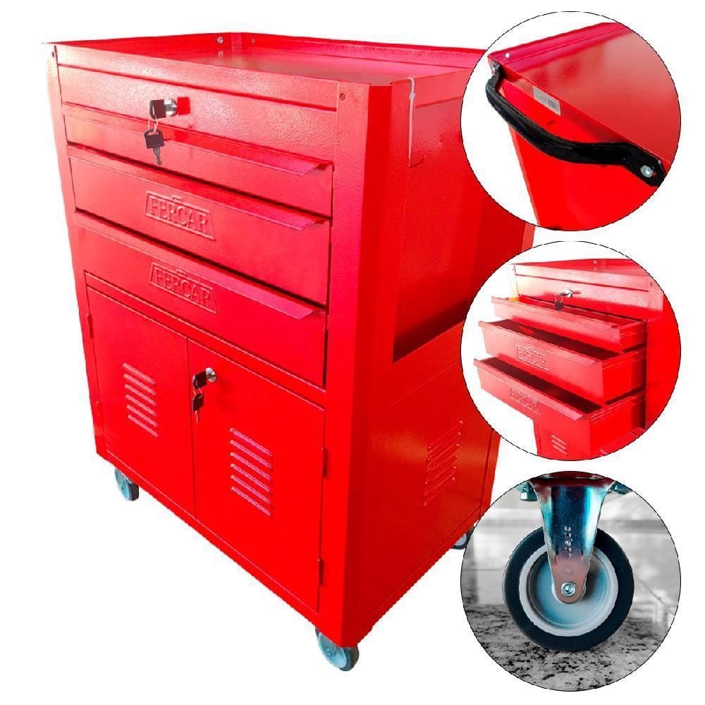 Carrinho Fechado Ferramentas Com 3 Gavetas Vermelho Fercar