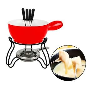 Conjunto De Fondue 8 Peças Panela 700ml Cerâmica Vermelho Garfos Inox
