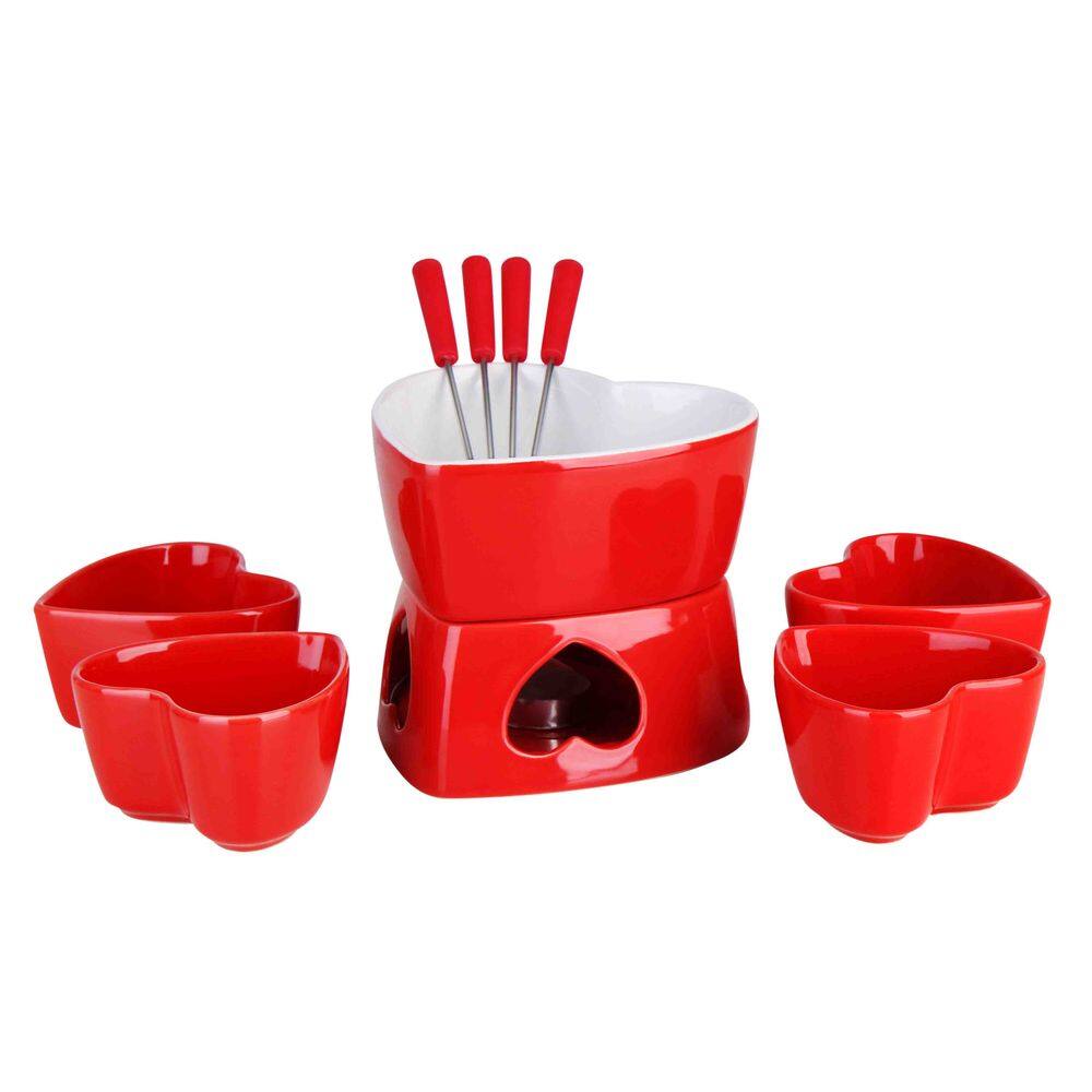 Conjunto Para Fondue Vermelho Coração 10 Peças Panela 500ml Cerâmica