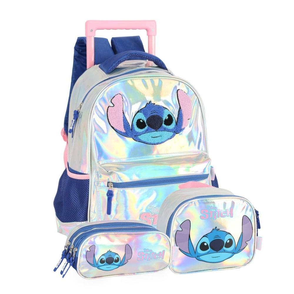 Mochila Rodinha Stitch Lancheira Estojo Triplo Holográfico