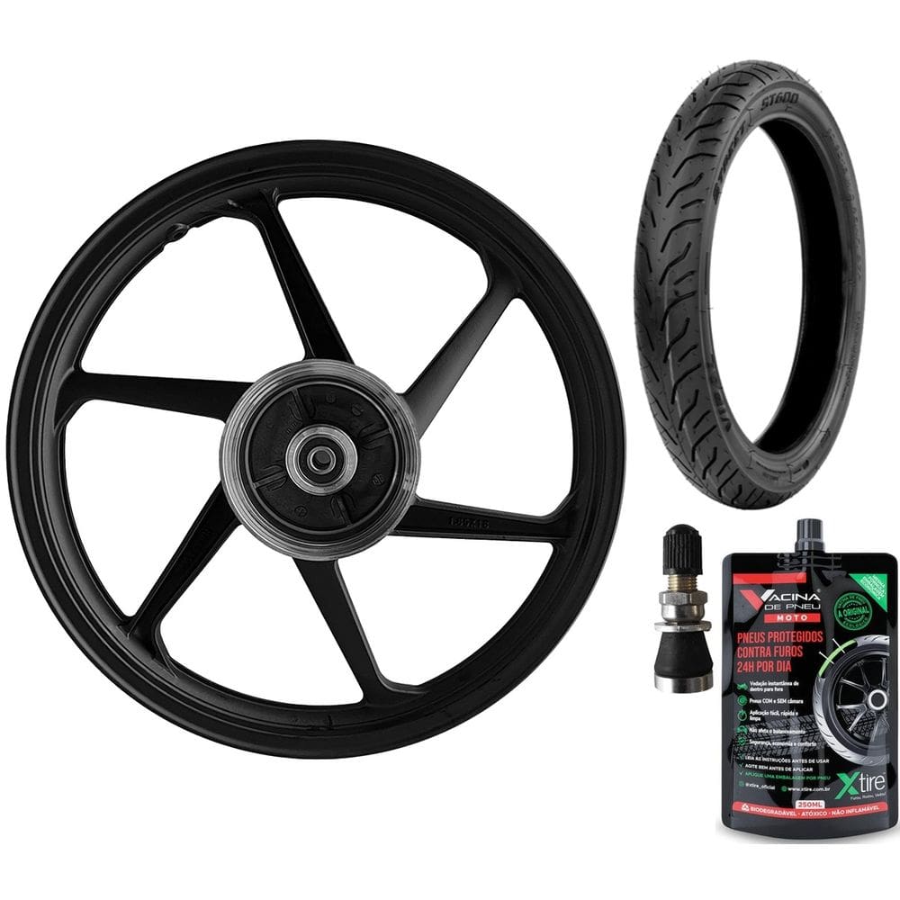 KIT RODA FAN 125 6 PALITOS SHIVER + PNEU VIPAL St600 90/90-18 + BICO E SELANTE PNEU