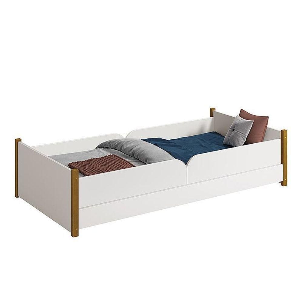 Cama Evolutiva Ravi Branco Com Pés Amadeirado, 2 Kits Grade Lateral Lisa E Colchão D33 - Reller Móveis Branco Fosco