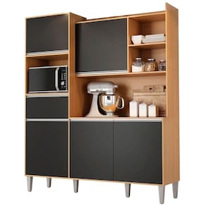 Kit Armário Cozinha Compacta Isabel 5 Portas Amendoa Preto Ajl