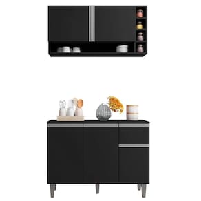 Balcão De Cozinha E Armário Aéreo Vanessa 105 Cm Preto Ajl